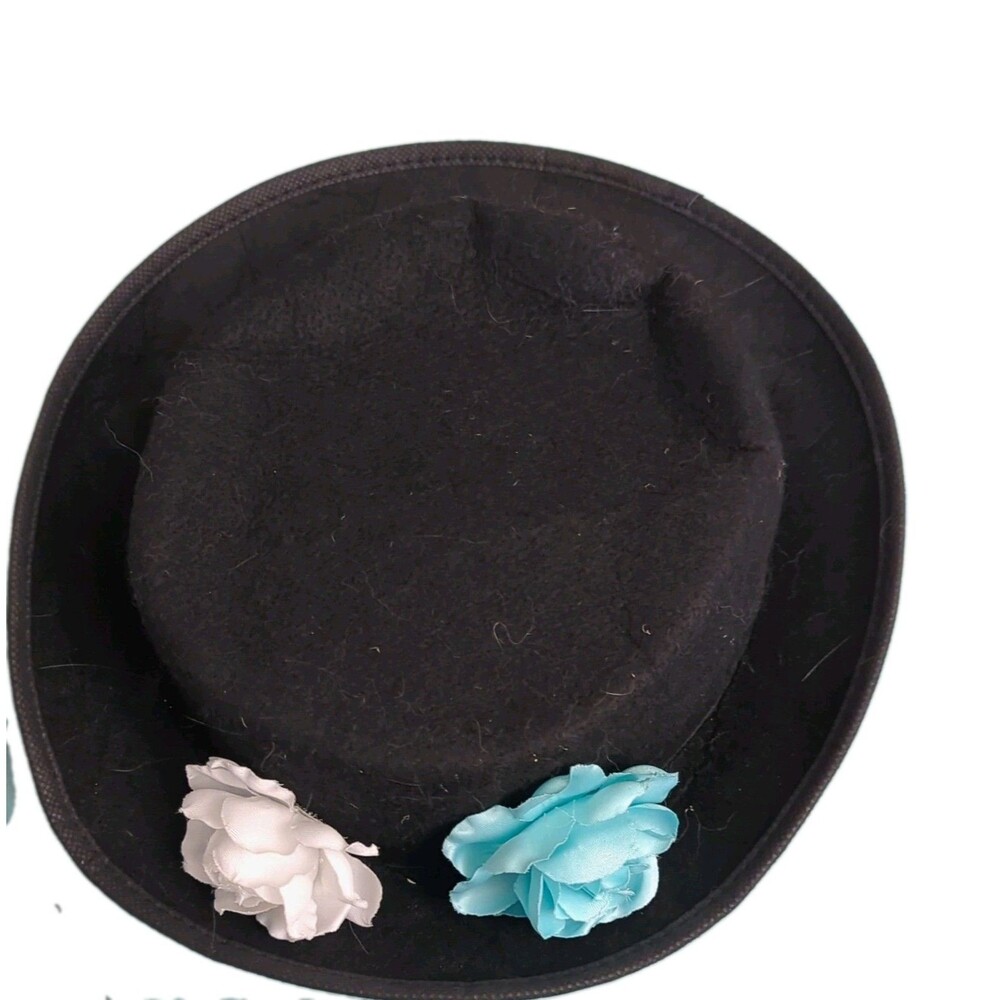 Girl's Mary Poppins Black Felt CostumeHat One Size, White & Blue Flower Accents